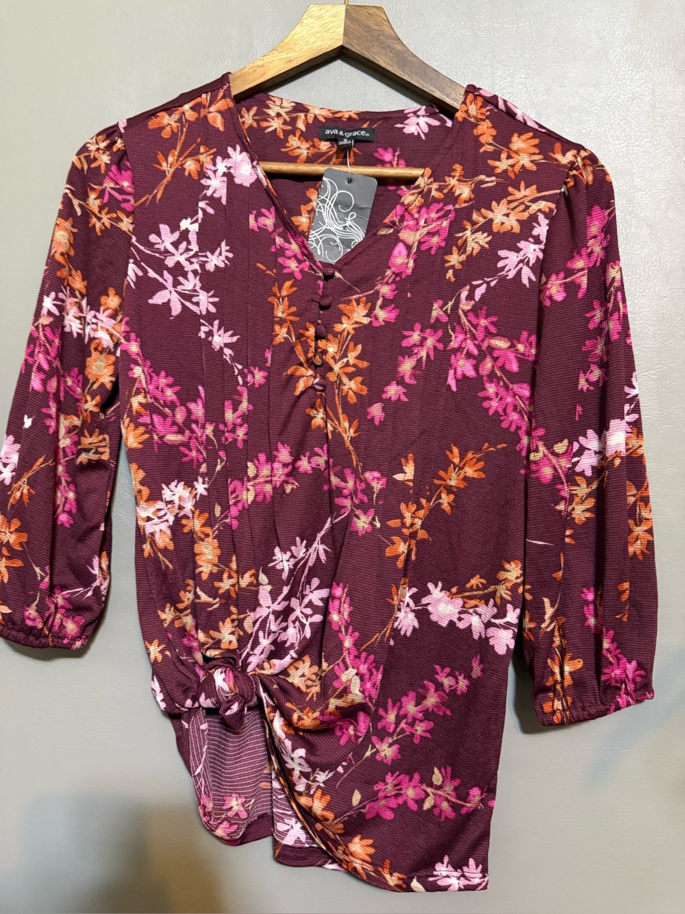 Ava & Grace Burgundy Floral Tie-Front V-Neck Blouse